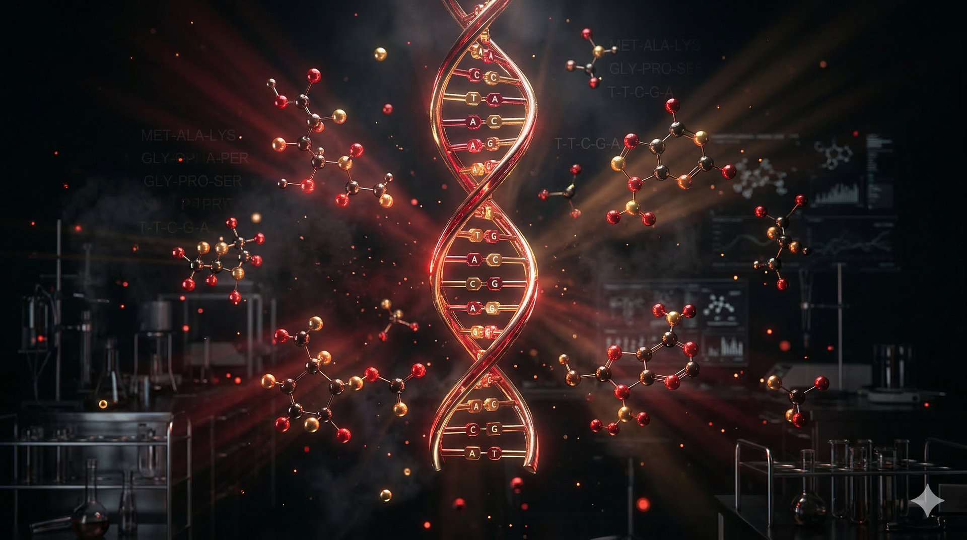 Research-grade peptide molecular structure with DNA helix and amino acid compounds